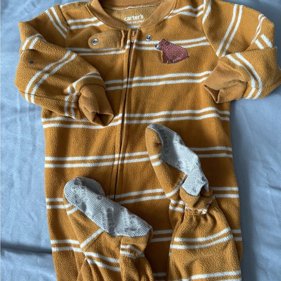 Carter's Other - Carter's Mustard and White Striped Fleece Footed One-Piece